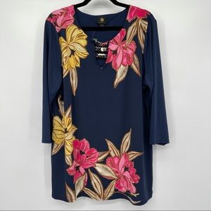 JM Collection V-Neck 3/4 Sleeve Tunic Beach Bliss Print Gold Detail